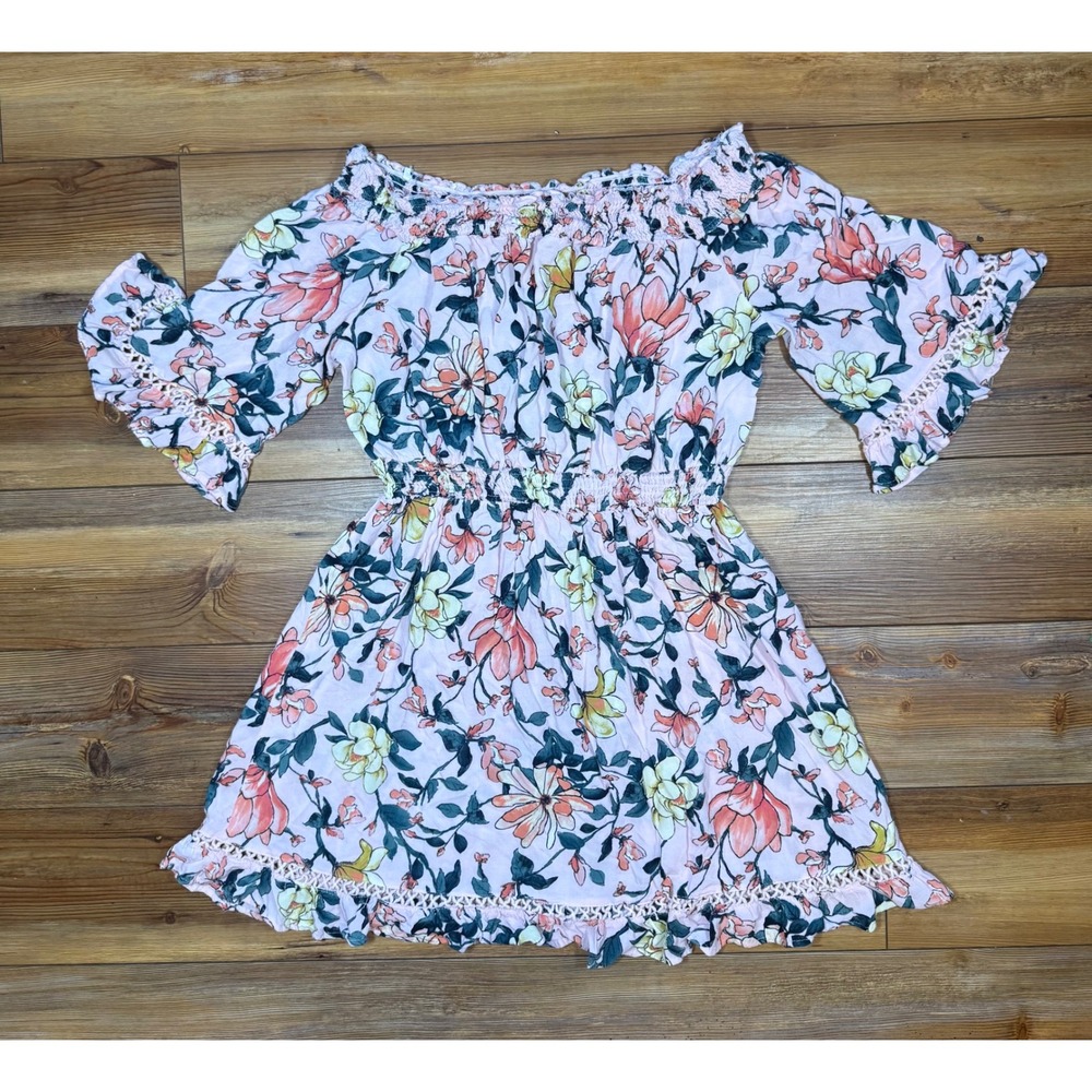 Lulus Pink Floral Off Shoulder Smocked Mini Dress Crochet Trim Rayon Size L